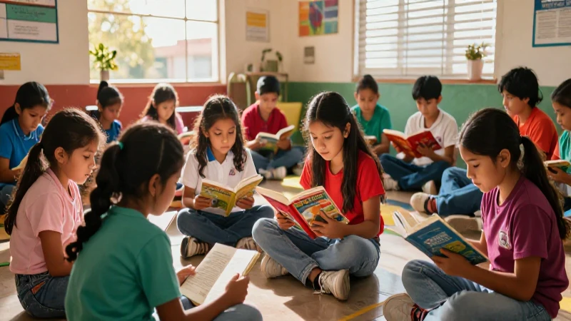 Incentivando la lectura: Estrategias para fomentar el hábito 7 Niños leen juntos en un rincón comunitario vibrante