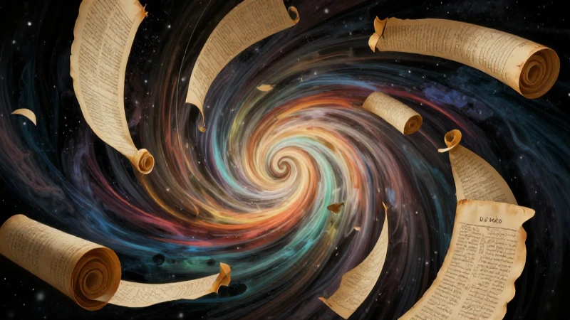 Arte abstracto de la incertidumbre con pergaminos en el espacio