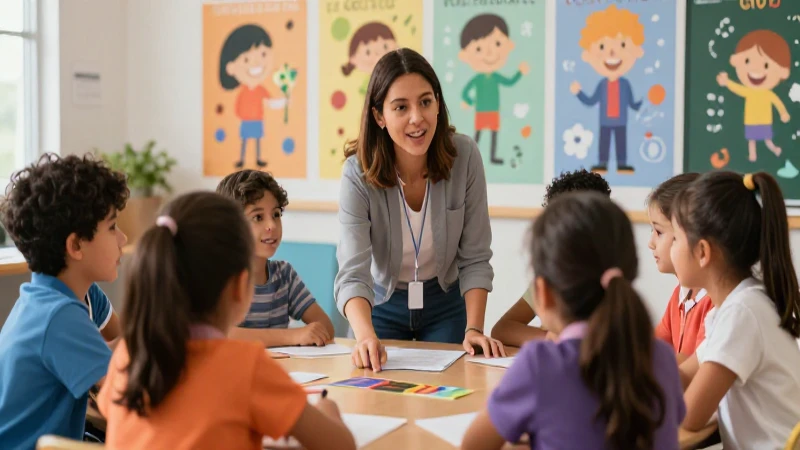 Maestra guía clase con empatía moderna