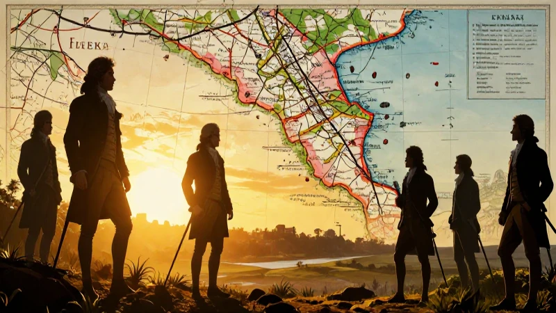 Mapa colonial dramático con figuras revolucionarias