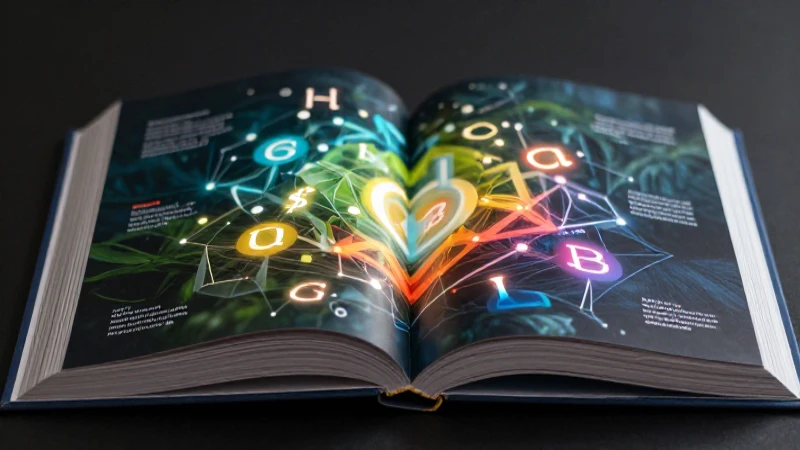 Libro académico abstracto vibrante con símbolos luminosos