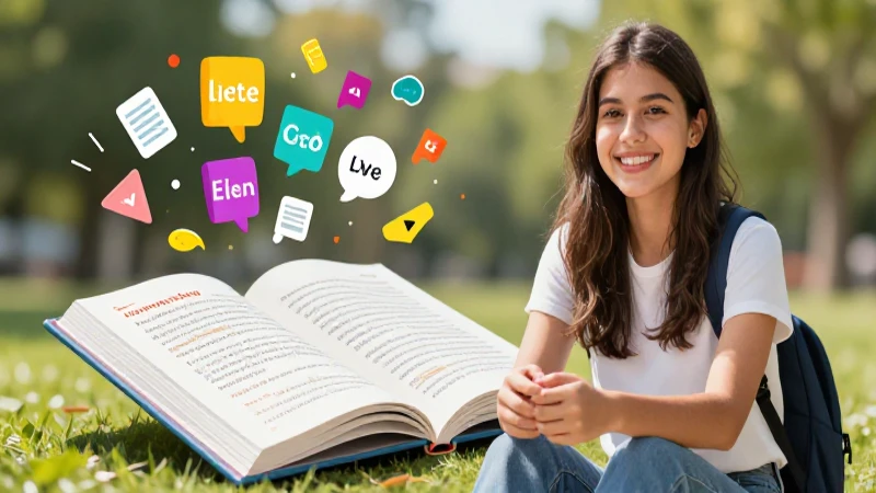 Estudiante sonriente con libro y vocabulario vibrante