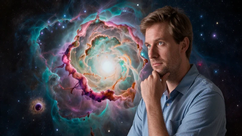Académico pensativo iluminado por una nebulosa cósmica