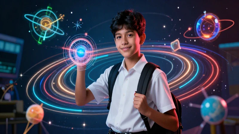 Estudiante carismático rodeado de física orbital moderna