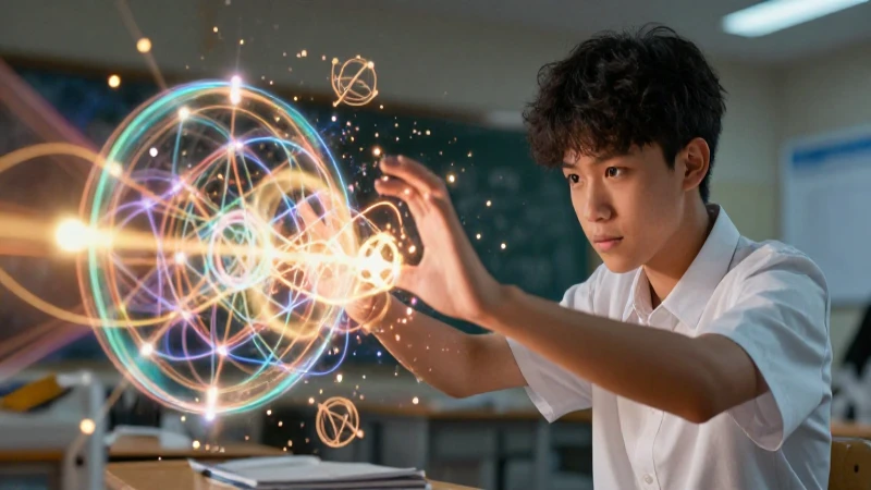 Estudiante dinámico con partículas de energía y diagramas luminosos