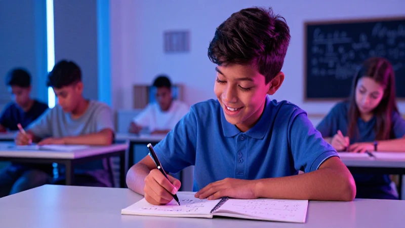 Aprende matemáticas 1 de forma fácil con Infinita Secundaria 4 Estudiantes resuelven matemáticas en un aula vibrante
