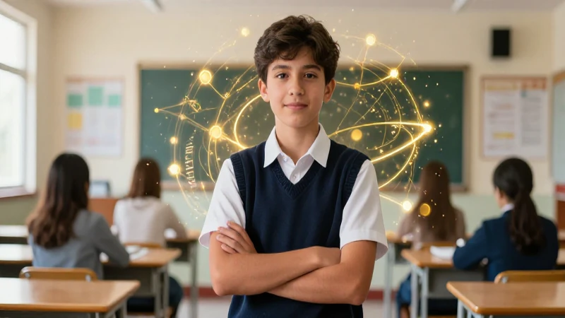 Domina Matemáticas 2 con Infinita Secundaria - Contestado 5 Estudiante de preparatoria con patrones matemáticos dorados