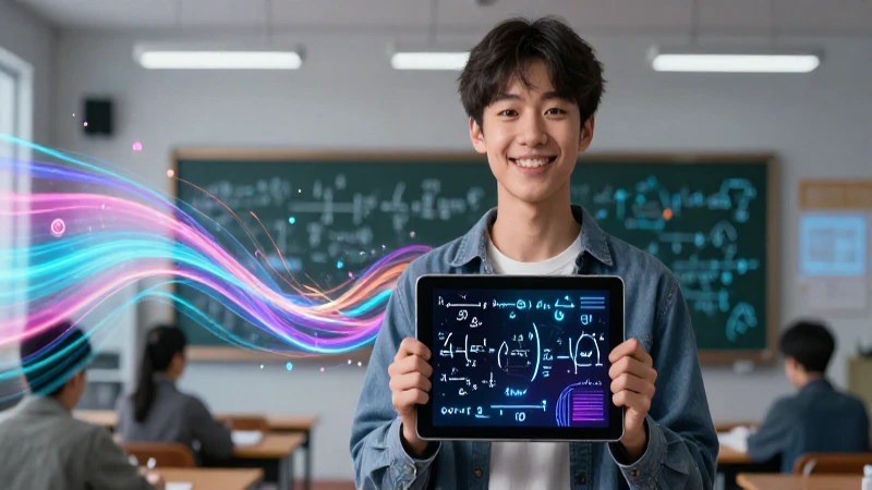 Estudiante sonriente usa tableta con matemáticas avanzadas