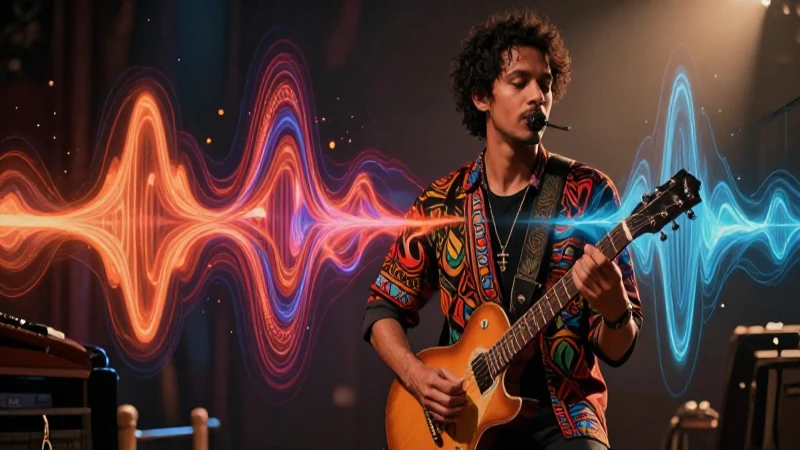 Influencia: definición, ejemplos y su papel en la música 5 Músico vibrante fusionando géneros con ondas abstractas