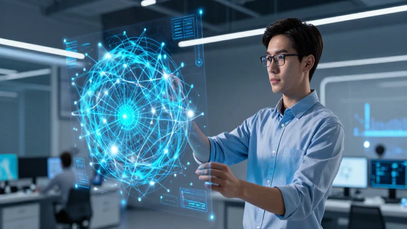 Ingeniero interactúa con red holográfica avanzada