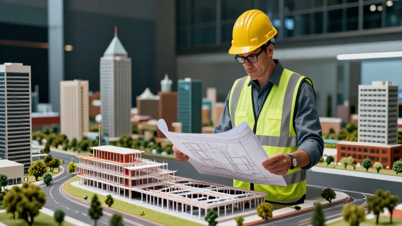 Ingeniero revisando planos en entorno urbano moderno