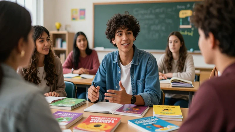 Estudiante habla inglés con estilo vibrante