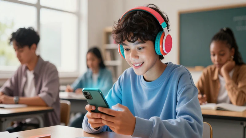 Estudiante moderno interactúa con su teléfono en clase