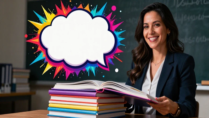 Educadora sonriente con libros y diseño vibrante