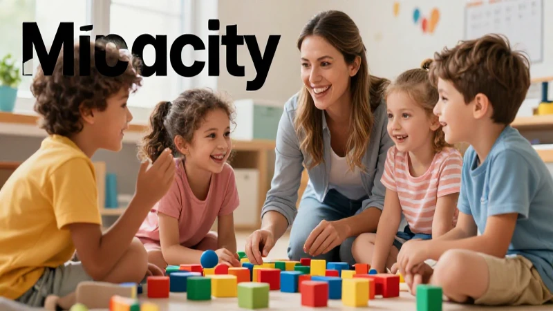 Niños alegres y maestro interactúan con bloques educativos