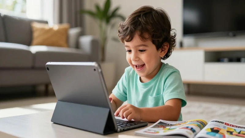 Niño mexicano feliz con tablet en casa
