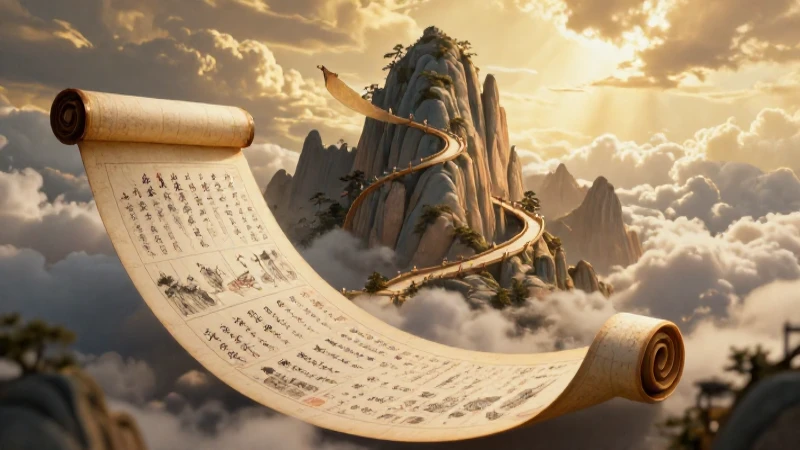 Scroll ancestral sube montaña iluminada dramáticamente