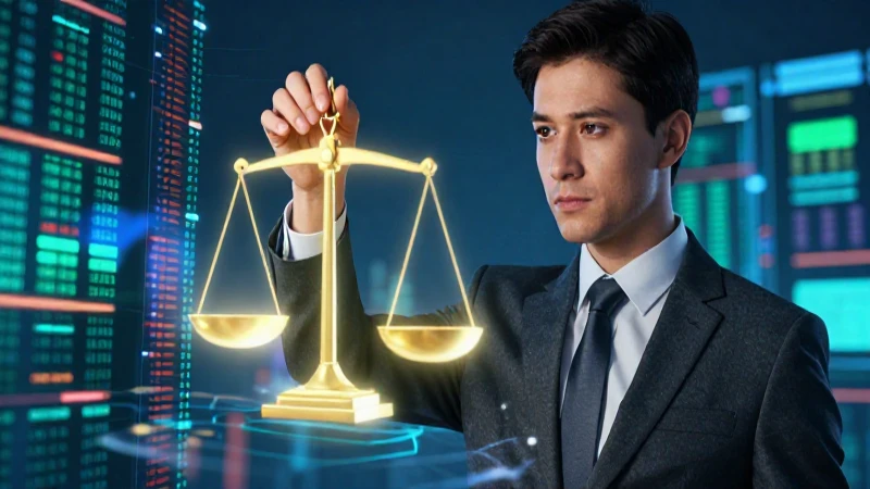Profesional examina balanza digital de justicia