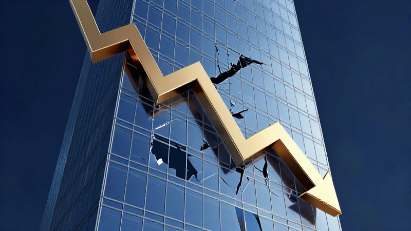 Gráfico financiero azul y dorado cae en un rascacielos