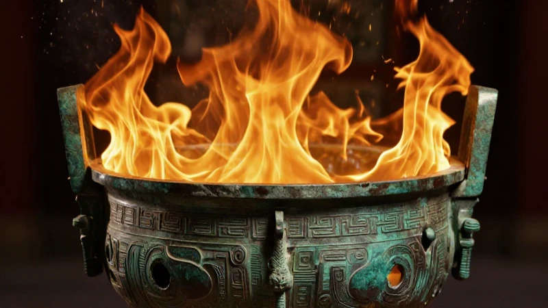 Altar de bronce con fuego cinemático y detallado