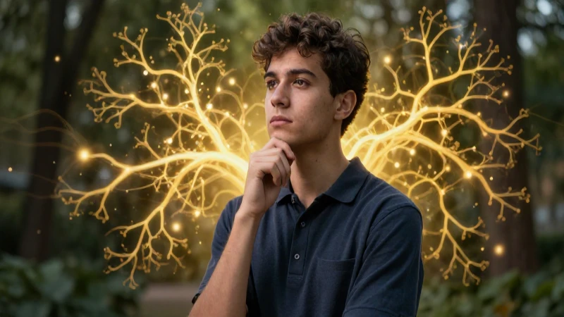 Innatas: Definición y concepto en la filosofía explicados 5 Joven pensador rodeado de caminos neuronales dorados