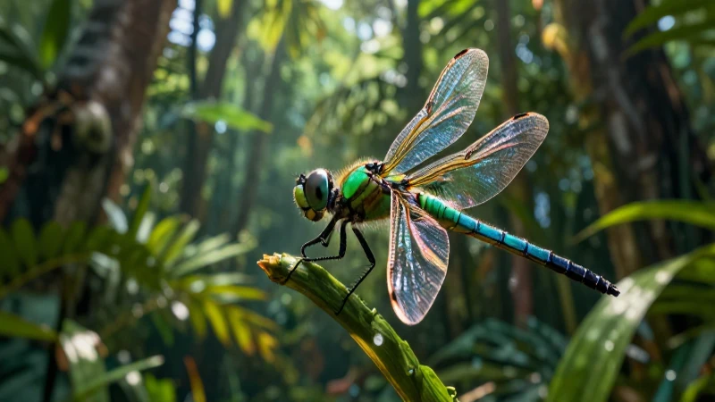 Qué simboliza la libélula y cuáles son sus clasificaciones 3 Dragonfly vibrante con iluminación dramática en entorno tropical