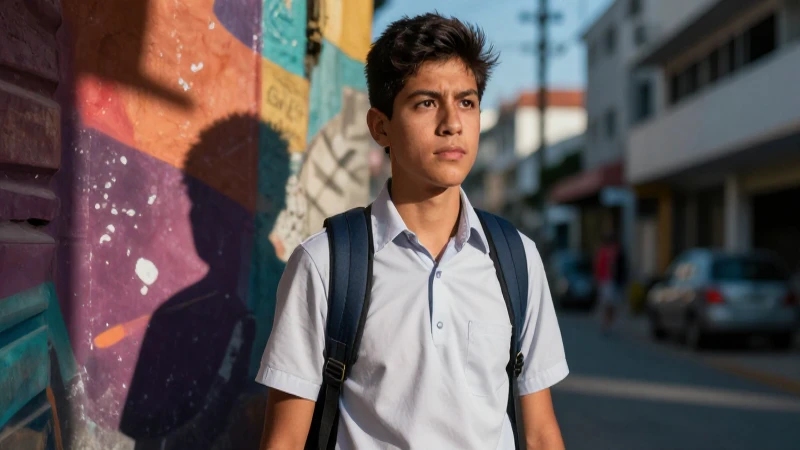 Inseguridad: Definición, Concepto y Su Impacto Social 7 Joven estudiante mexicano en un ambiente urbano dramático