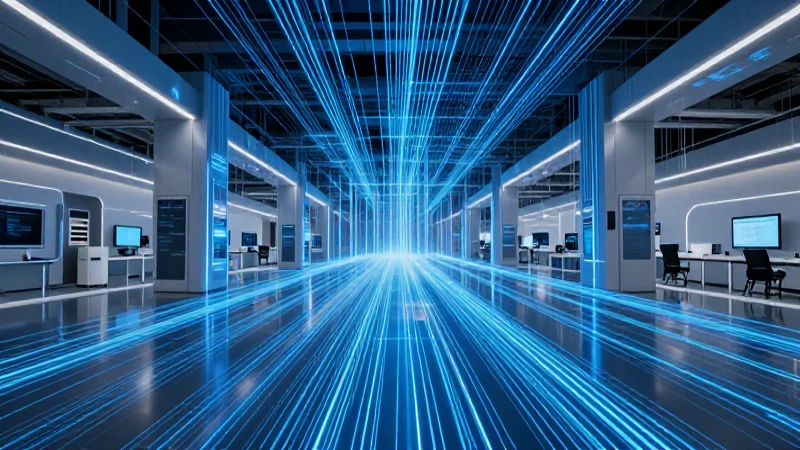 Instalación futurista con datos azules y luz dramática