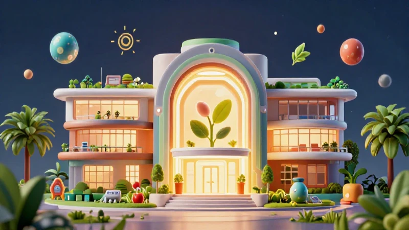 Edificio educativo moderno y vibrante con elementos de crecimiento