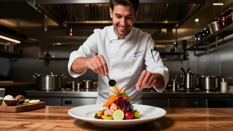 Fotografía de chef y plato gourmet profesional