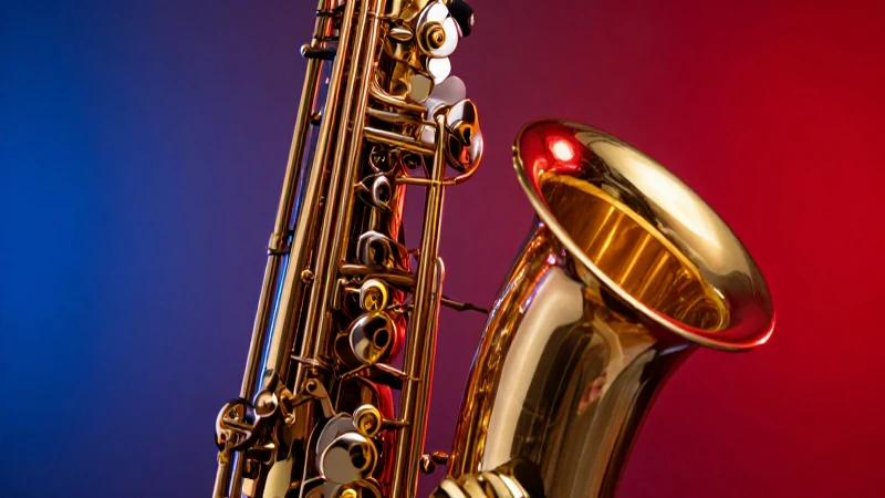 Alto saxofón detallado sobre fondo dramático