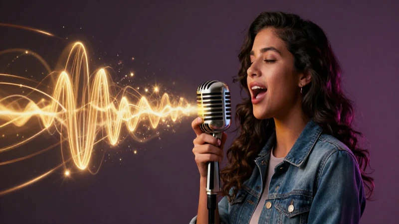 Canto dramático con micrófono vintage dorado