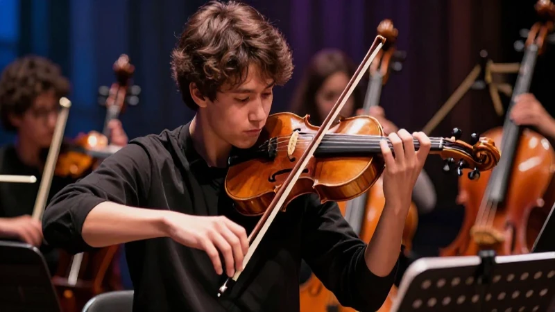 Músico joven con violín, estilo revista sofisticada