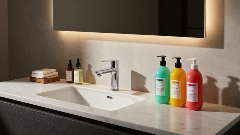 Baño minimalista con productos estéticos y vibrantes