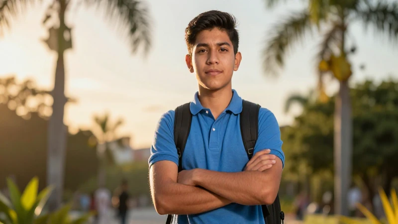 Estudiante mexicano confiado bajo luz dorada