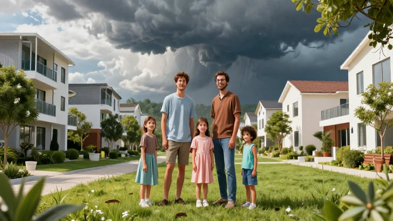 Familia segura bajo cielos dramáticos