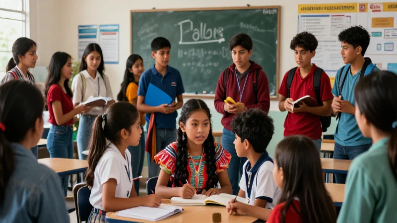 Estudiantes mexicanos y niños interactúan en escuela moderna