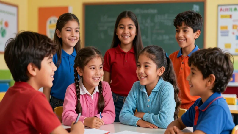 Niños mexicanos sonrientes en aula moderna