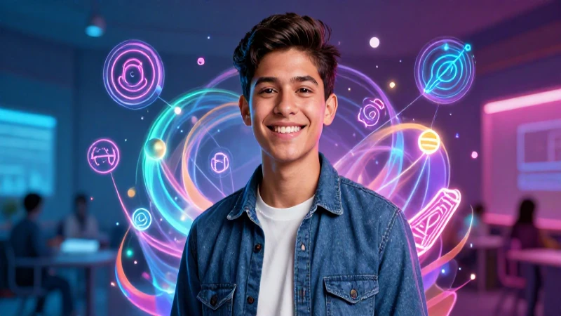 Estudiante mexicano feliz rodeado de conocimiento vibrante