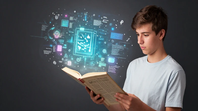 Estudiante reflexivo frente a información digital caótica