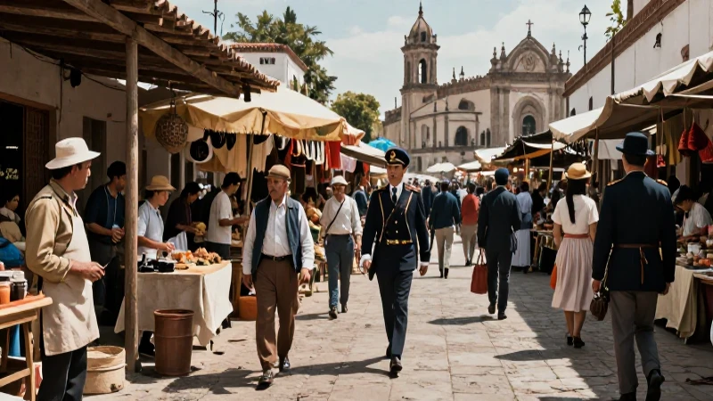 Mercado mexicano del siglo XIX con influencia colonial