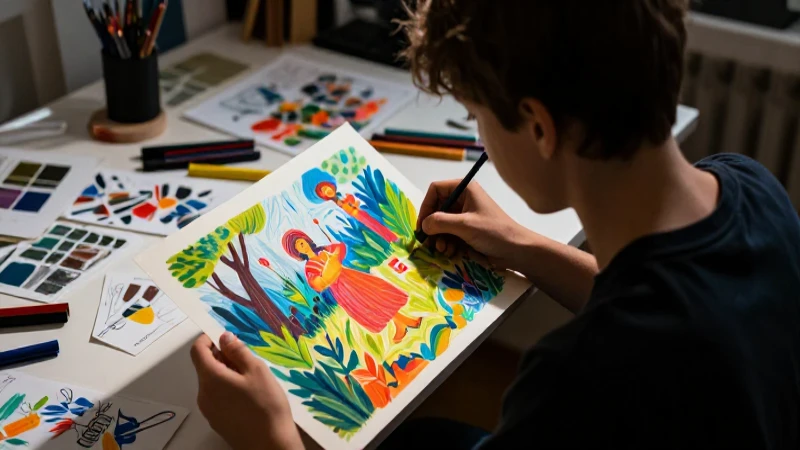Estudiante creativo en estudio con arte vibrante