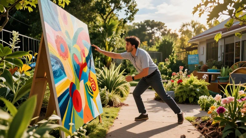 Educador vibrante en un jardín artístico y luminoso
