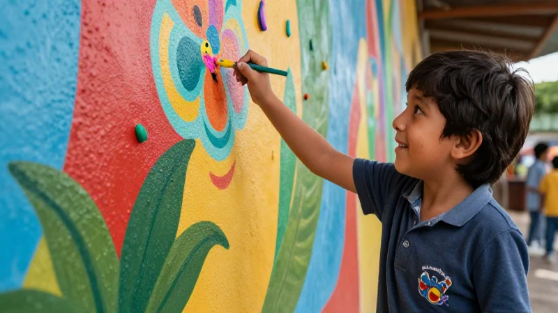 Niño alegre pinta mural de aprendizaje