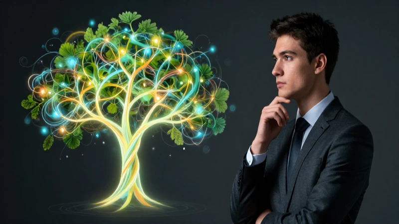 Profesional reflexiona sobre decisiones en un árbol luminoso