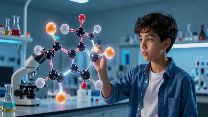 Estudiante curioso mexicano con diagrama molecular vibrante