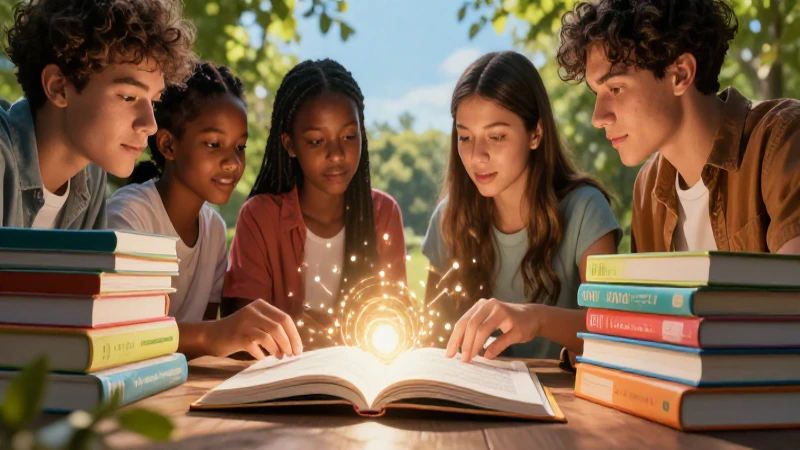 Estudiante investigando con libros y luz brillante