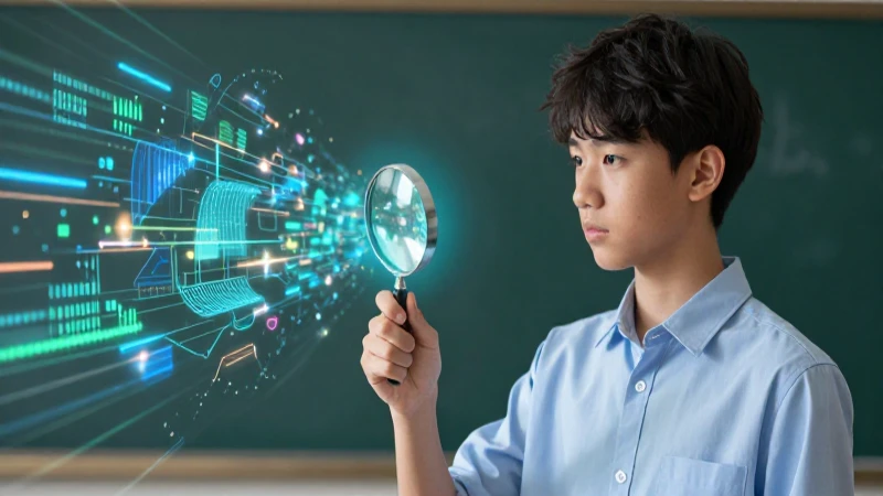 Joven estudiando datos con lupa brillante