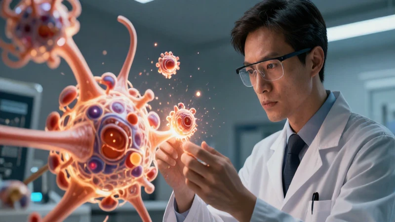 Científico examina estructuras biológicas abstractas
