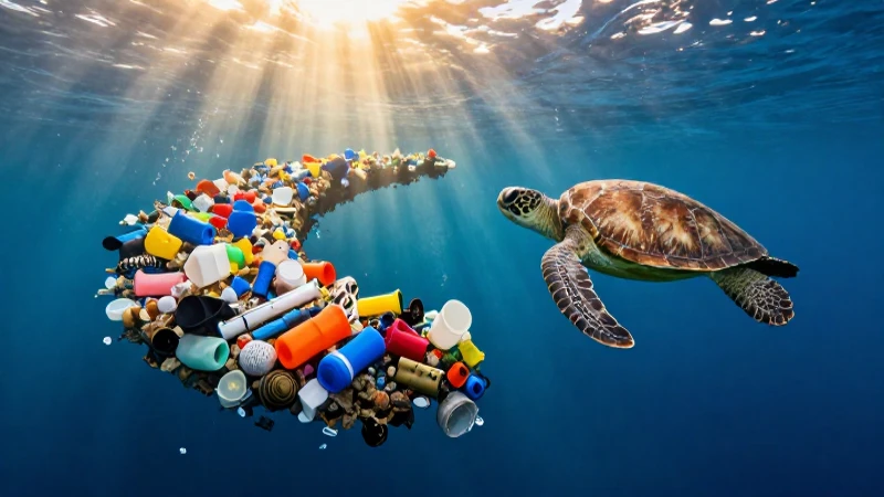 Tortuga en archipiélago de desechos plásticos